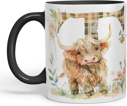 Vixar Highland Cow Alphabet Monogram Coloured Ceramic Cup Mug – Letter T – Rustic Farmhouse Animal Letter Gift – 11oz (Black)