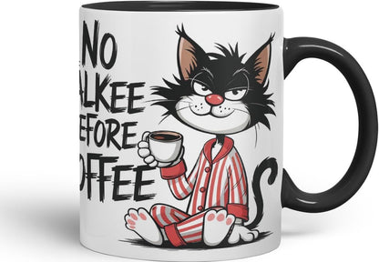 Vixar No Talkee Before Coffee Sarcastic cat Coloured Ceramic Mug Cup Gift, 11oz (Black)