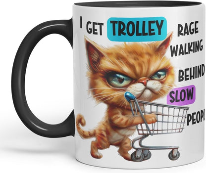 Vixar Trolley Rage Cat Mug – Angry Cat Shopping Quote – Coloured Ceramic Mug Cup Gift, 11oz (Black)