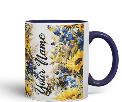 Vixar Personalised Sunflower Mug – Custom Your Name Coloured Ceramic Mug Cup Gift, 11oz (Gold Yellow)