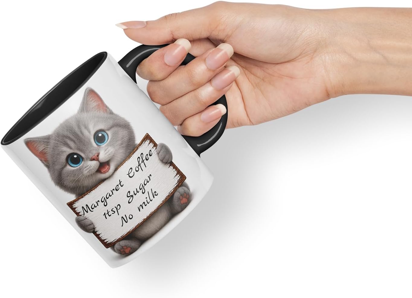 Vixar Personalised Grey Kitten Mug with Name or Custom Message – Cute Animal Coloured Ceramic Mug Cup Gift, 11oz (Black)