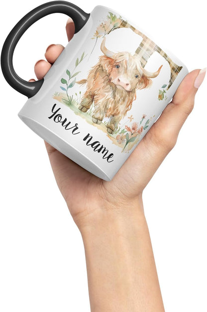 Vixar Personalised Highland Cow Initial Letter T Custom Name Mug – Coloured Ceramic Mug Cup Gift, 11oz (Black)