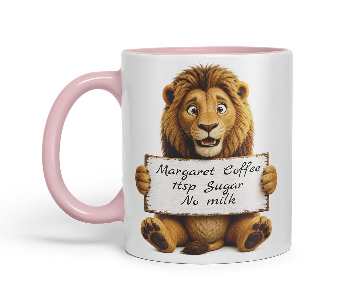 Vixar Personalised Lion Mug with Name or Custom Message – Cute Animal Coloured Ceramic Mug Cup Gift, 11oz (Black)