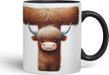 Highland Cow Alphabet Monogram Coloured Ceramic Cup Mug Letter T Rustic Farmhouse Animal Letter Gift V2 11oz (Black)