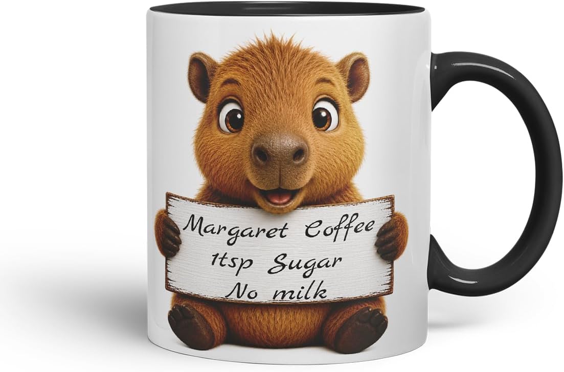 Vixar Personalised Cute Capybara Mug with Name or Custom Message – Cute Animal Coloured Ceramic Mug Cup Gift, 11oz (Black)