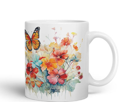 Vixar Ceramic Mug “Flowers & Butterfly” – Coloured Coffee & Tea Mug Cup 11oz 330ml (Black)