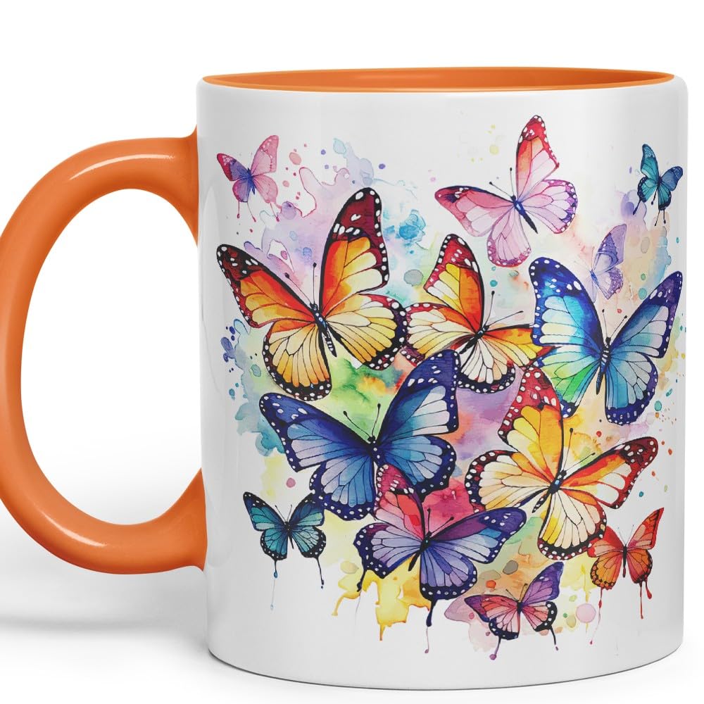 Vixar Ceramic Mug “Rainbow Butterflies” – Coloured Coffee & Tea Mug Cup 11oz 330ml (Navy)