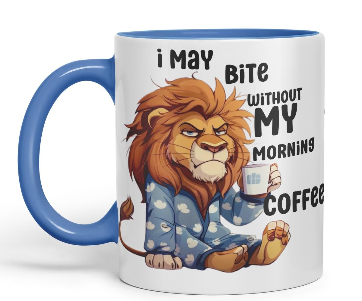 Vixar I May Bite Without My Morning Coffee Sarcastic Lion Coloured Ceramic Mug Cup Gift 11oz (Black)