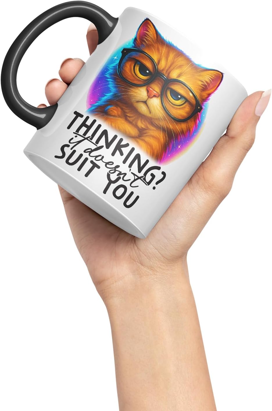 Vixar Thinking It Doesn't Suit You Sarcastic Cat – Coloured Ceramic Mug Cup Gift, 11oz (Black)