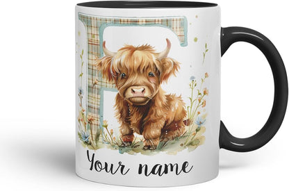 Vixar Personalised Highland Cow Initial Letter F Custom Name Mug – Coloured Ceramic Mug Cup Gift, 11oz (Black)