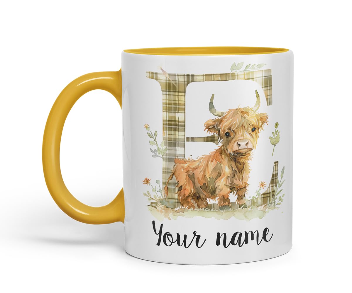 Vixar Personalised Highland Cow Initial Letter E Custom Name Mug – Coloured Ceramic Mug Cup Gift, 11oz (Black)