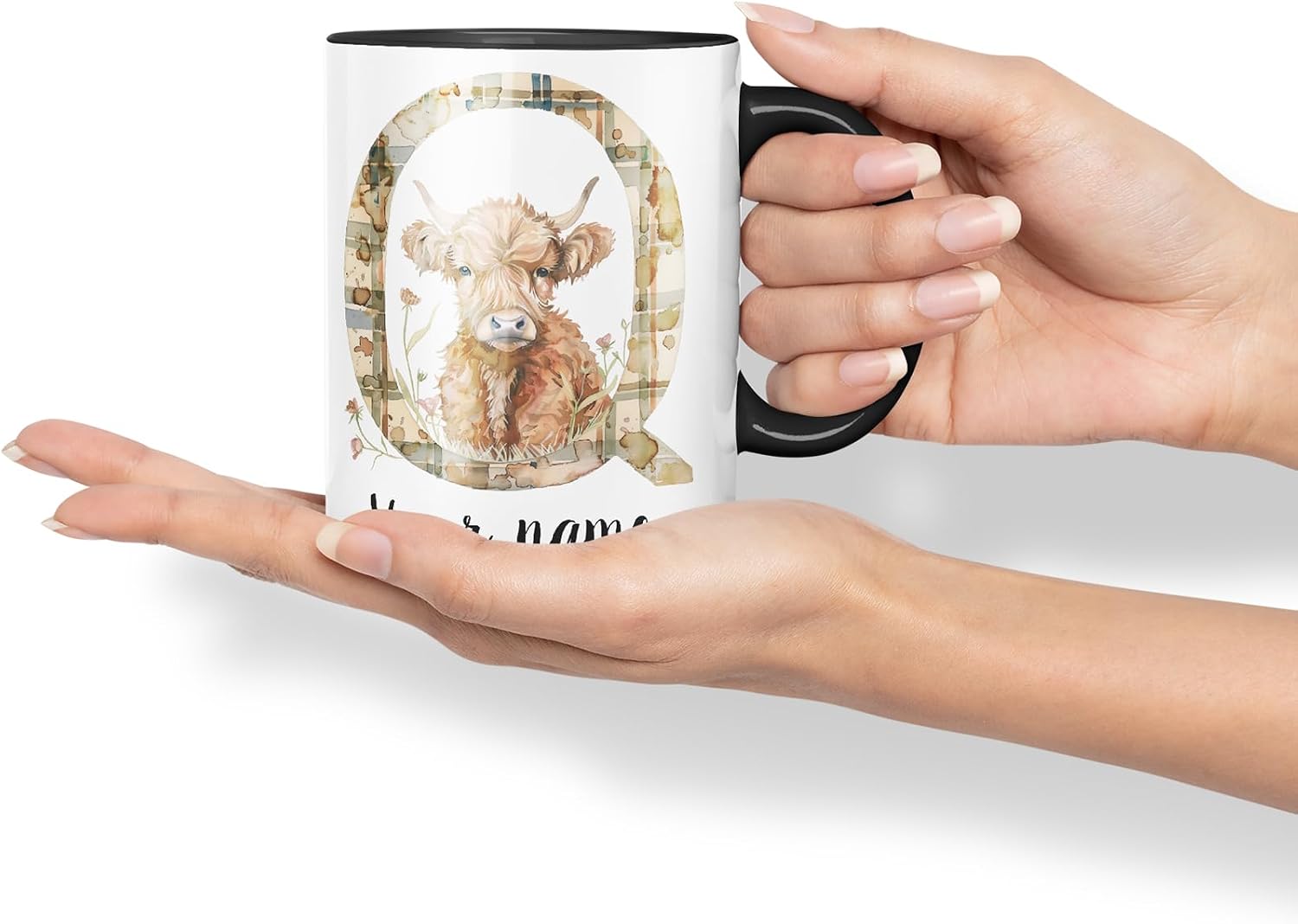 Vixar Personalised Highland Cow Initial Letter Q Custom Name Mug – Coloured Ceramic Mug Cup Gift, 11oz (Black)