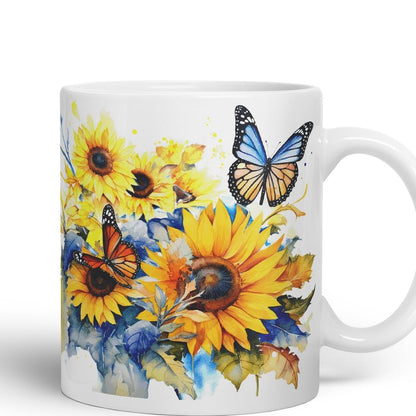 Vixar Ceramic Mug “Sunflower & Butterfly” – Coloured Coffee & Tea Mug Cup 11oz 330ml (Cambridge Blue)