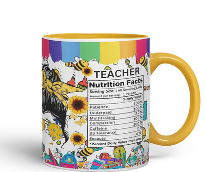 Vixar Teacher Nutrition Facts #teacherlife Mug Thank You, End of School Gift Ceramic Coloured Mug Cup for Tea Coffee Hot Brew 330ml 11Oz Gift TF2