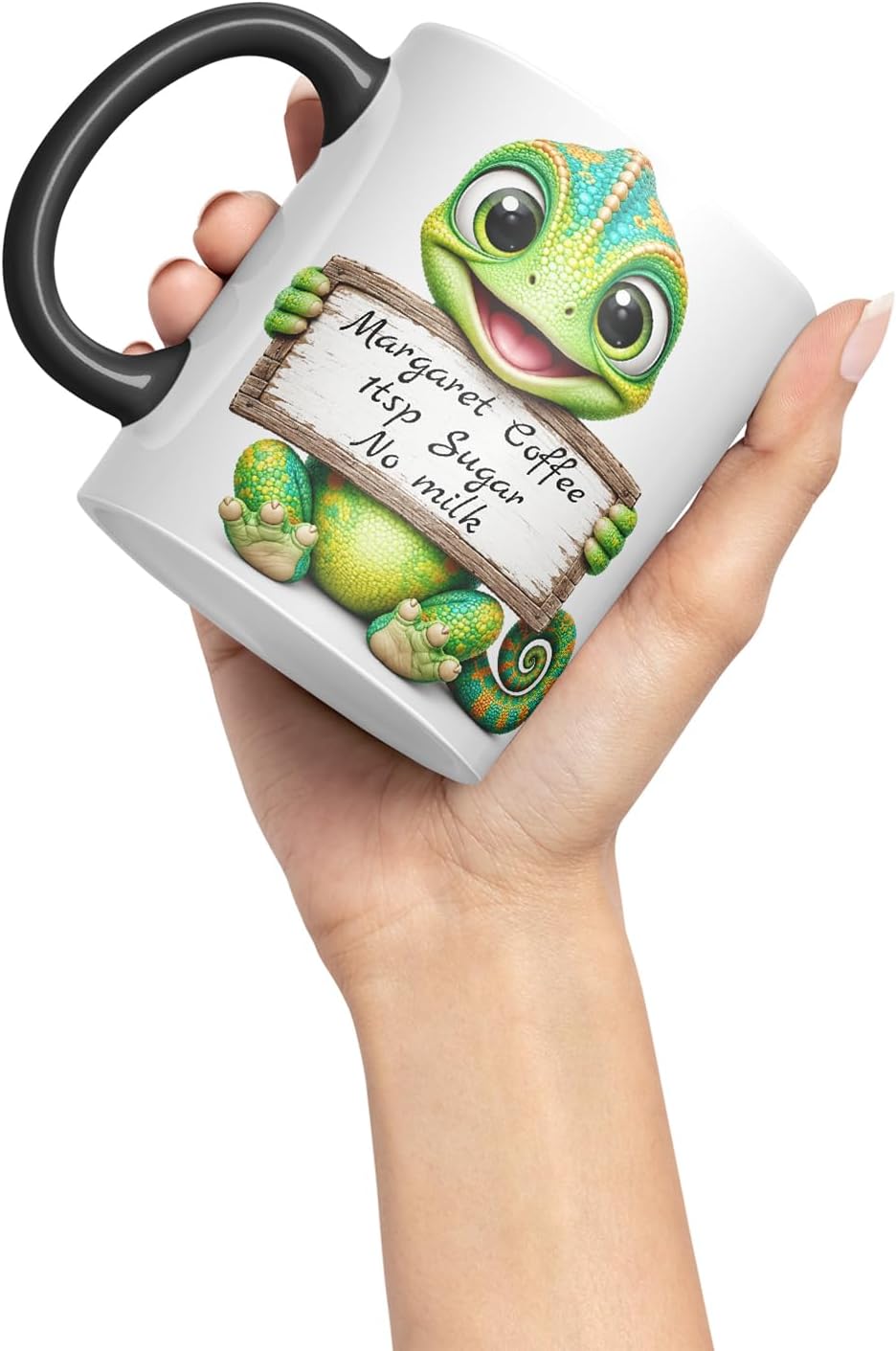 Vixar Personalised Chameleon Mug with Name or Custom Message – Cute Animal Coloured Ceramic Mug Cup Gift, 11oz (Black)