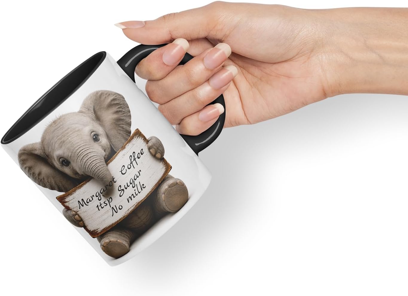Vixar Personalised Elephant Mug with Name or Custom Message – Cute Animal Coloured Ceramic Mug Cup Gift, 11oz (Black)