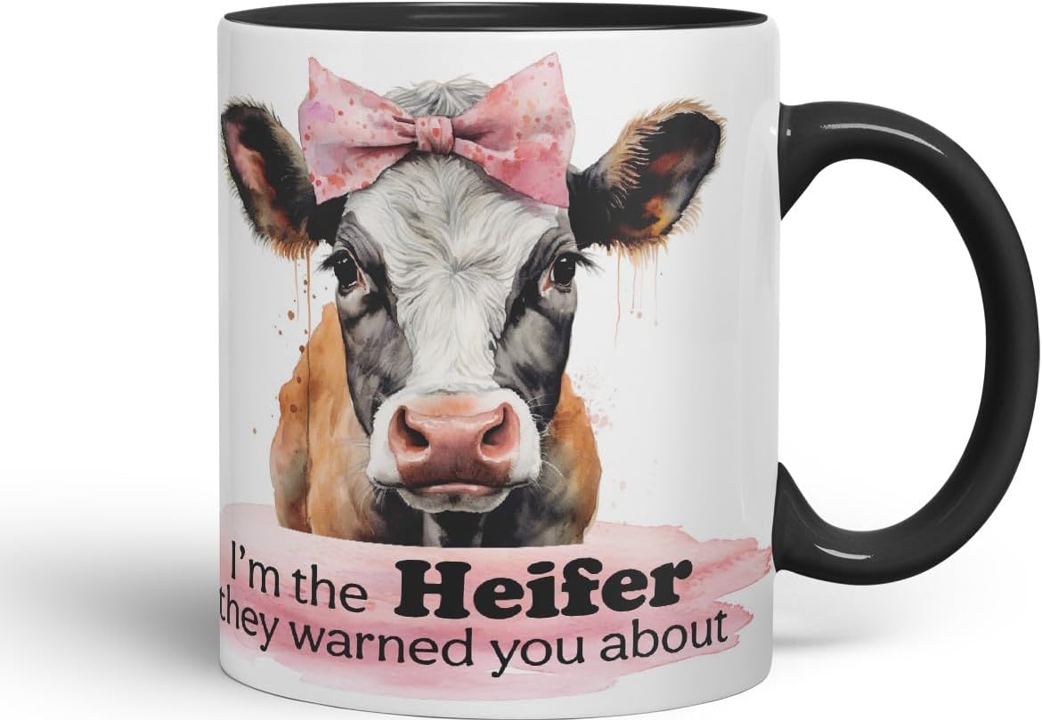 Vixar I’m The Heifer They Warned You About Cow Joke Coloured Ceramic Mug Cup Gift, 11oz (Black)