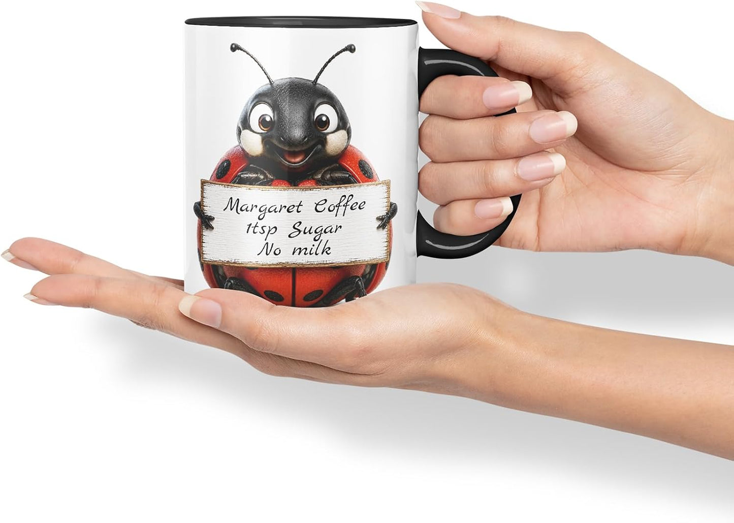 Vixar Personalised Ladybird Mug with Name or Custom Message – Cute Animal Coloured Ceramic Mug Cup Gift, 11oz (Black)