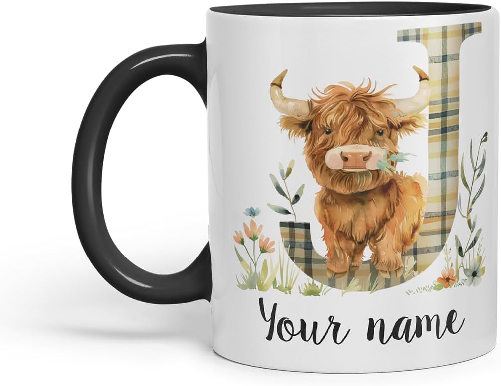 Vixar Personalised Highland Cow Initial Letter J Custom Name Mug – Coloured Ceramic Mug Cup Gift, 11oz (Black)