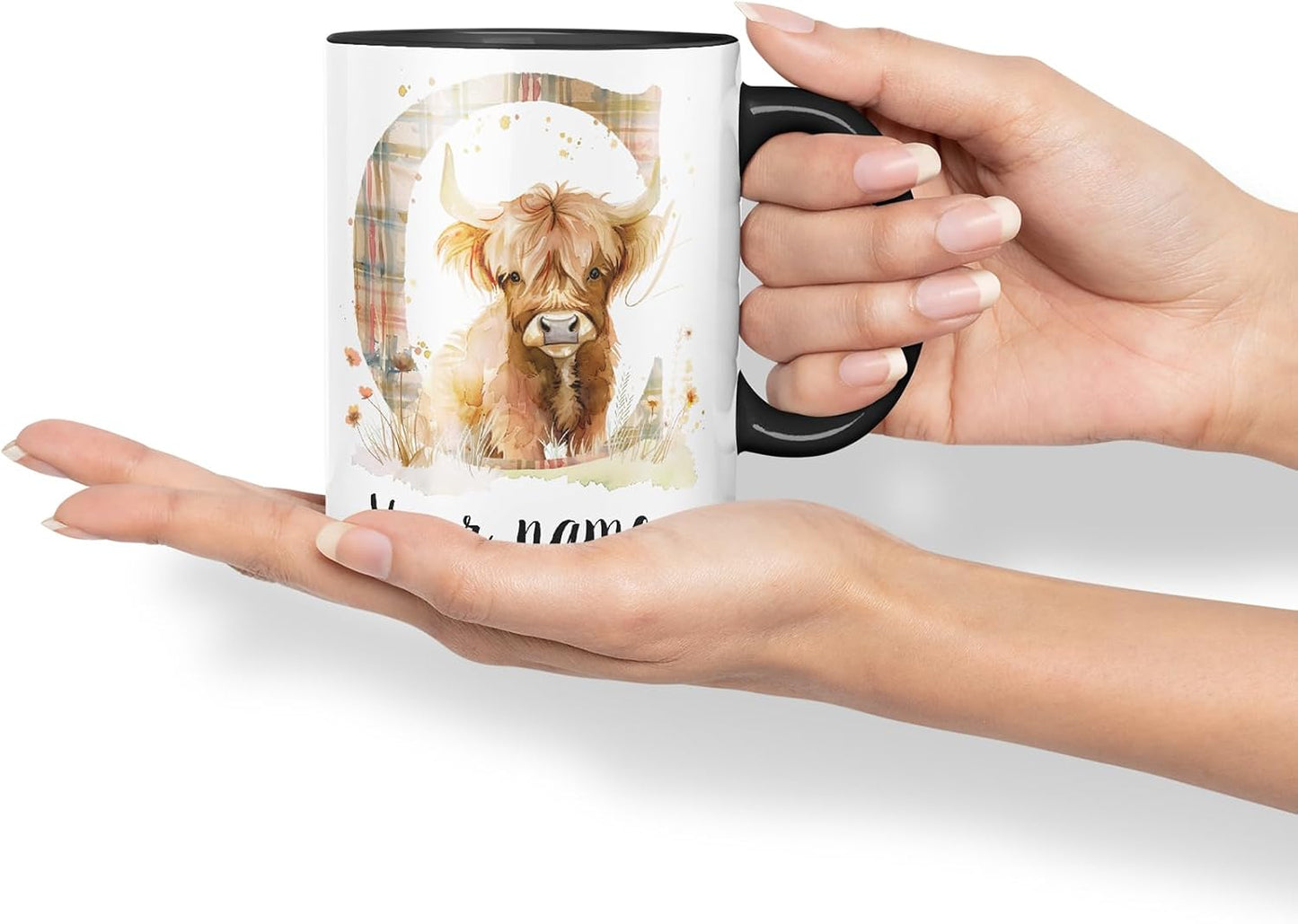 Vixar Personalised Highland Cow Initial Letter C Custom Name Mug – Coloured Ceramic Mug Cup Gift, 11oz (Black)