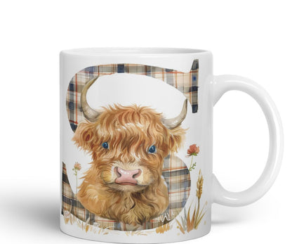 Vixar Highland Cow Alphabet Monogram Coloured Ceramic Cup Mug – Letter S – Rustic Farmhouse Animal Letter Gift – 11oz (Black)