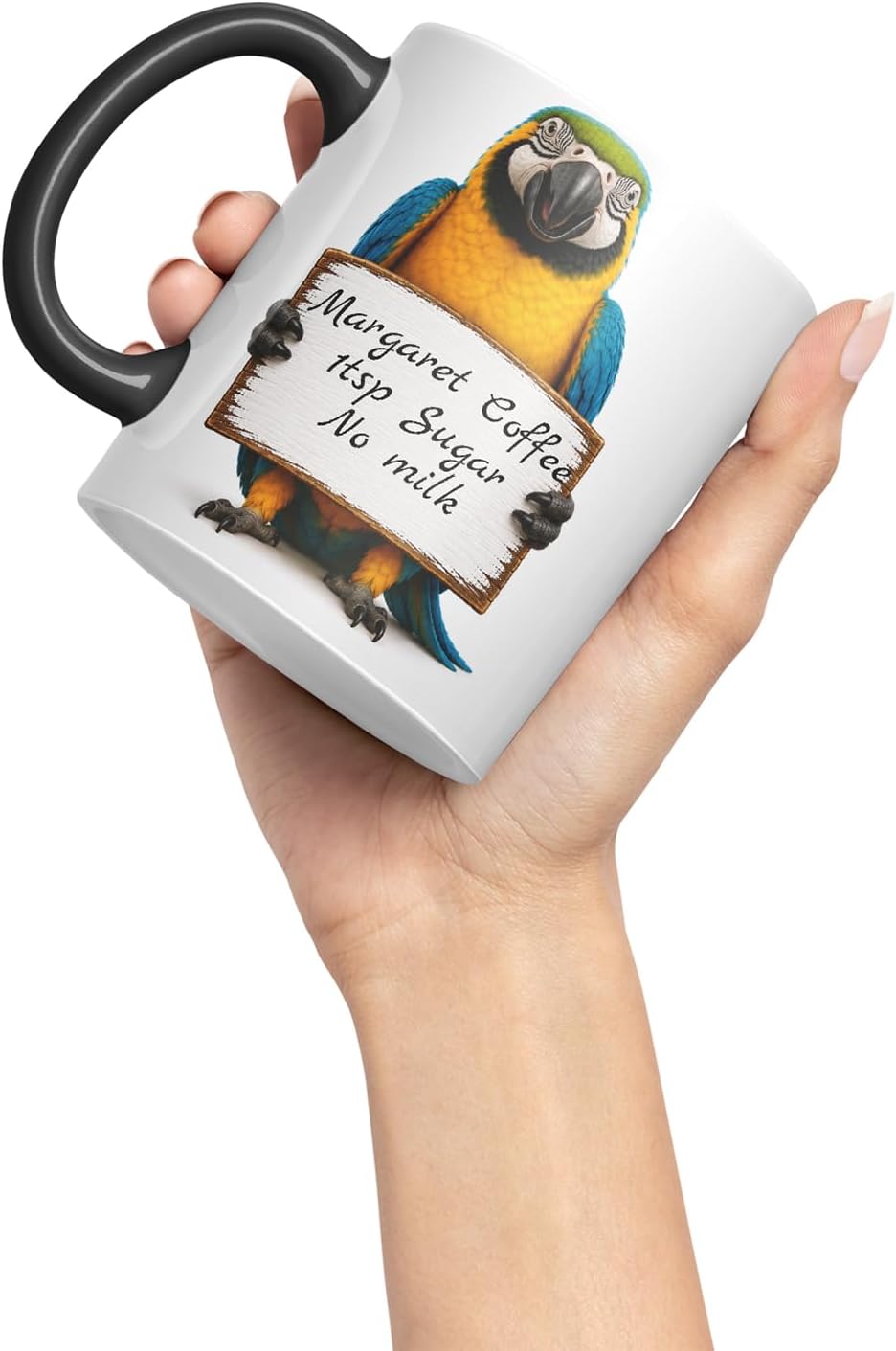 Vixar Personalised Parrot Mug with Name or Custom Message – Cute Animal Coloured Ceramic Mug Cup Gift, 11oz (Black)
