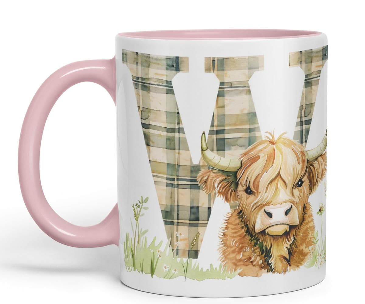 Vixar Highland Cow Alphabet Monogram Coloured Ceramic Cup Mug – Letter W – Rustic Farmhouse Animal Letter Gift – 11oz (Black)
