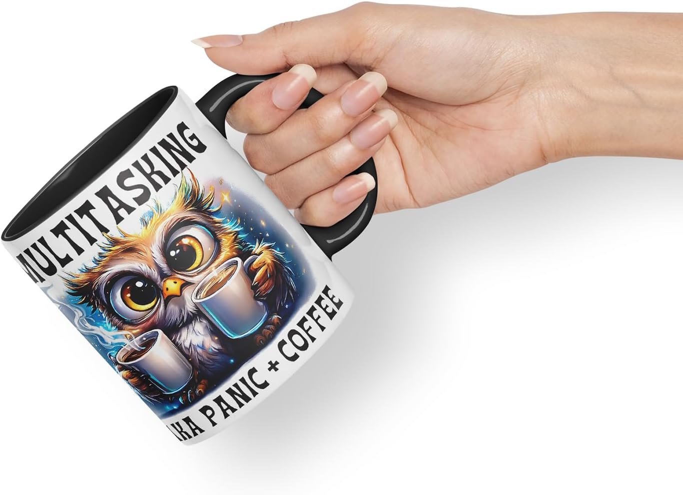 Vixar Multitasking AKA Panic Plus Coffee Funny Owl Mug – Coloured Ceramic Mug Cup Gift, 11oz (Black)