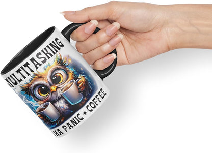 Vixar Multitasking AKA Panic Plus Coffee Funny Owl Mug – Coloured Ceramic Mug Cup Gift, 11oz (Black)