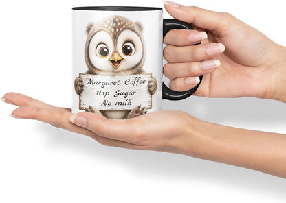Vixar Personalised Owl Mug with Name or Custom Message – Cute Animal Coloured Ceramic Mug Cup Gift, 11oz (Black)