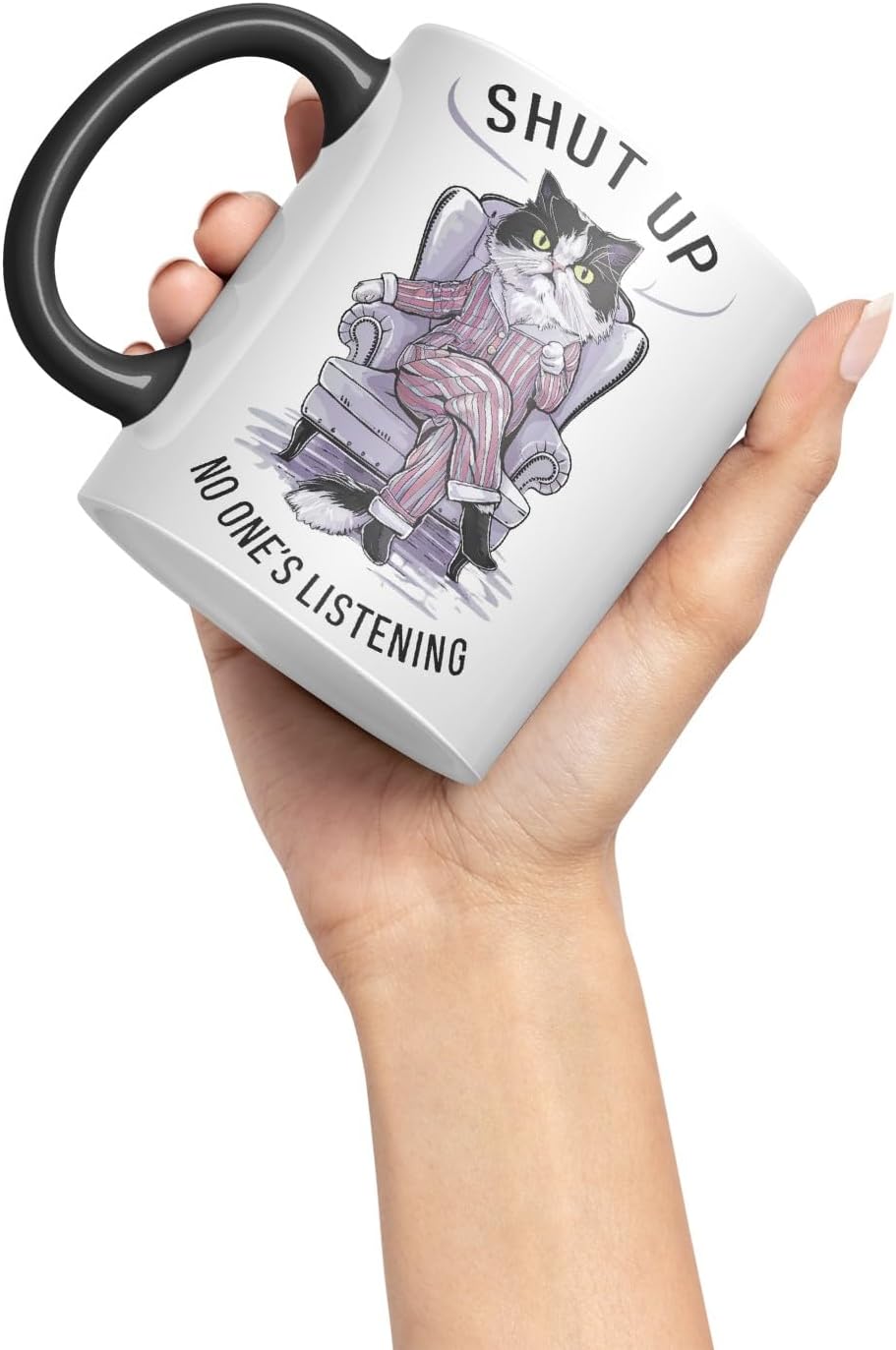Vixar Shut Up No One’s Listening Sarcastic cat Coloured Ceramic Mug Cup Gift, 11oz (Black)