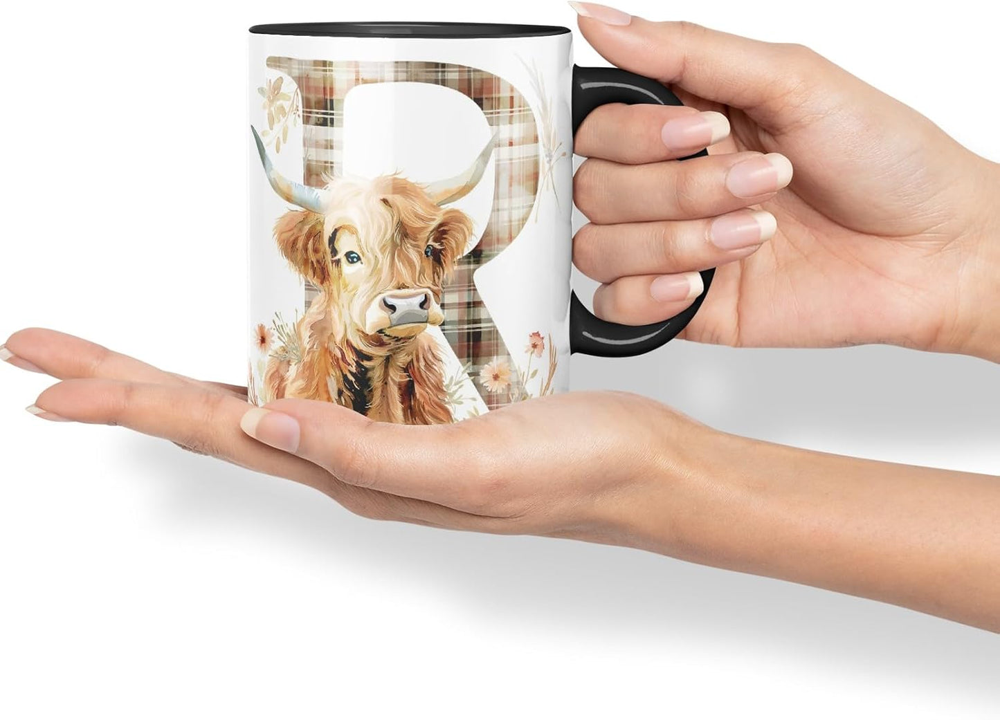 Vixar Highland Cow Alphabet Monogram Coloured Ceramic Cup Mug – Letter R – Rustic Farmhouse Animal Letter Gift – 11oz (Black)