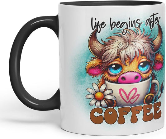 Vixar Life Begins After Coffee Highland Cow Coloured Ceramic Mug Cup Gift for Coffee Lovers 11oz (Black)