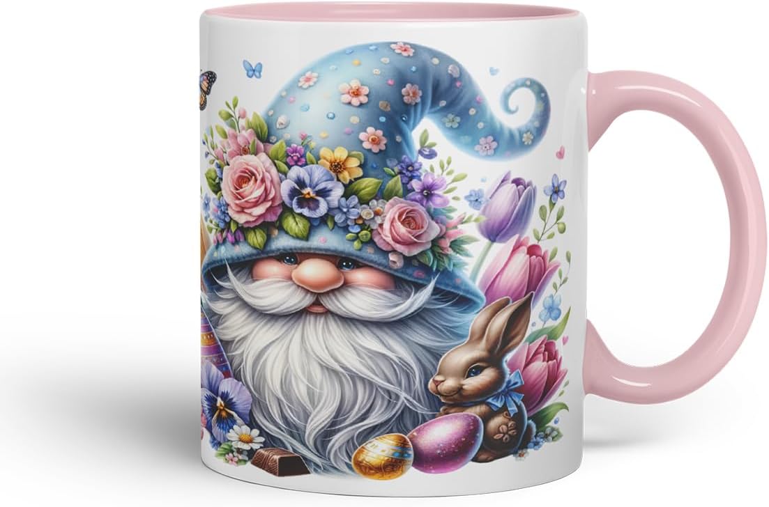 Vixar Easter Gnome Bunny Mug – Coloured Ceramic Mug Cup Gift, 11oz (Pink)