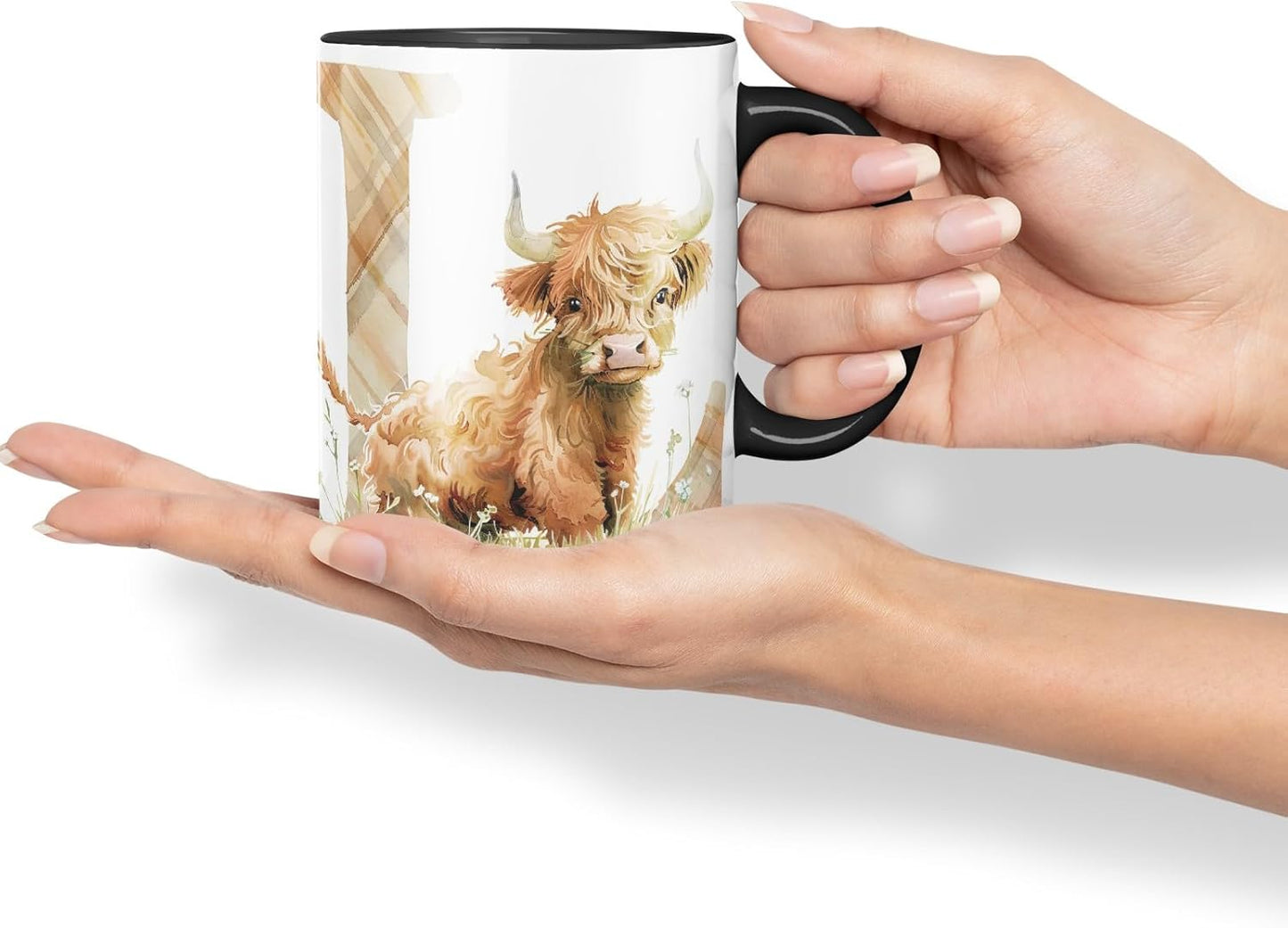Vixar Highland Cow Alphabet Monogram Coloured Ceramic Cup Mug – Letter L – Rustic Farmhouse Animal Letter Gift – 11oz (Black)