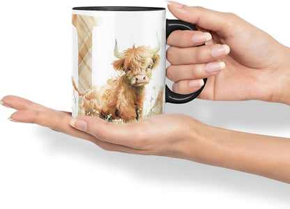 Vixar Highland Cow Alphabet Monogram Coloured Ceramic Cup Mug – Letter L – Rustic Farmhouse Animal Letter Gift – 11oz (Black)
