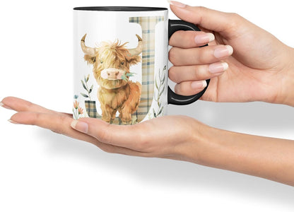 Vixar Highland Cow Alphabet Monogram Coloured Ceramic Cup Mug – Letter J – Rustic Farmhouse Animal Letter Gift – 11oz (Black)