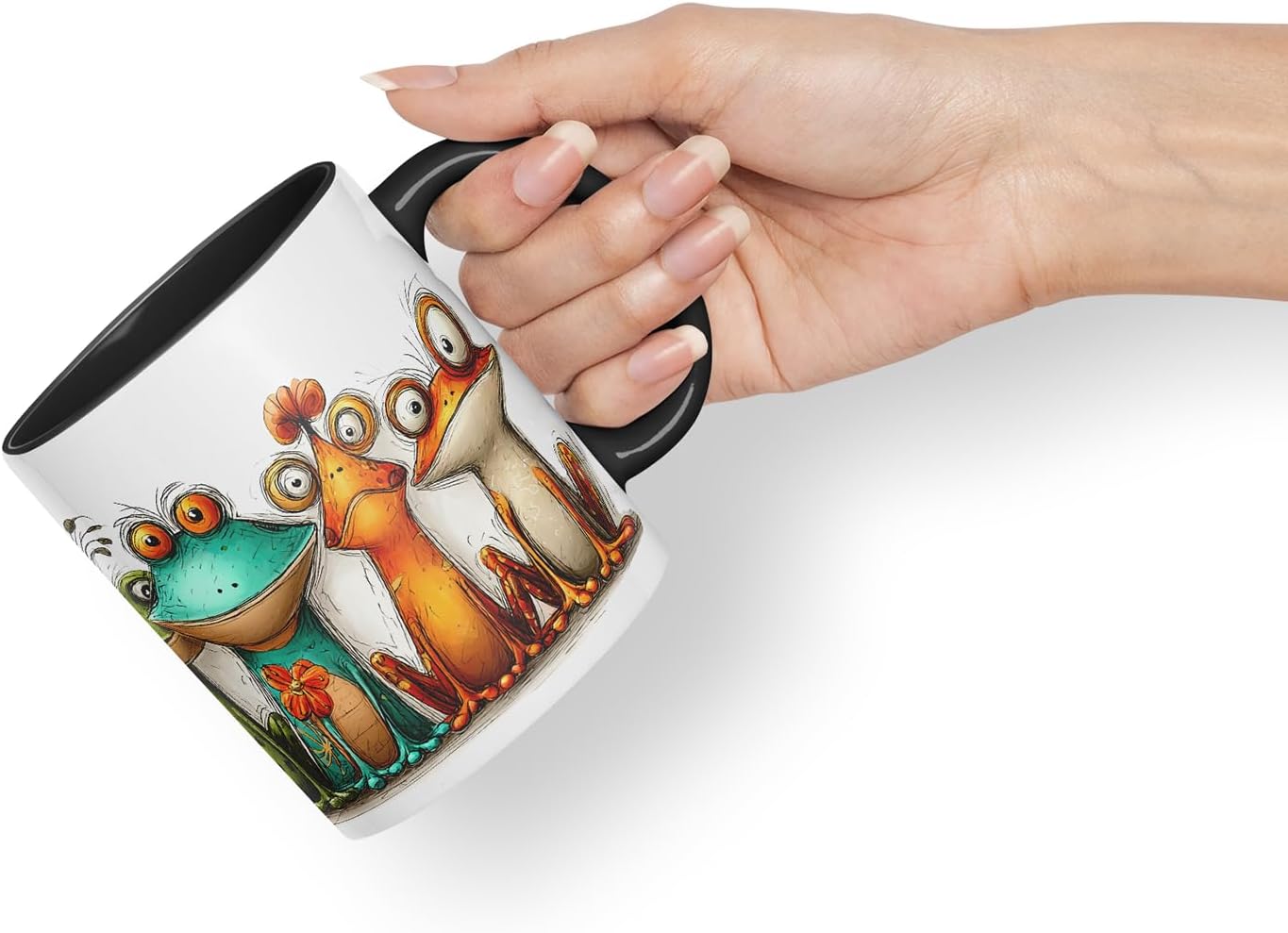 Vixar Funny Colourful Frog Friends Design – Cute raptile Character Mug for Animals Lovers, Coloured Mug Cup Gift, 11oz (Black)