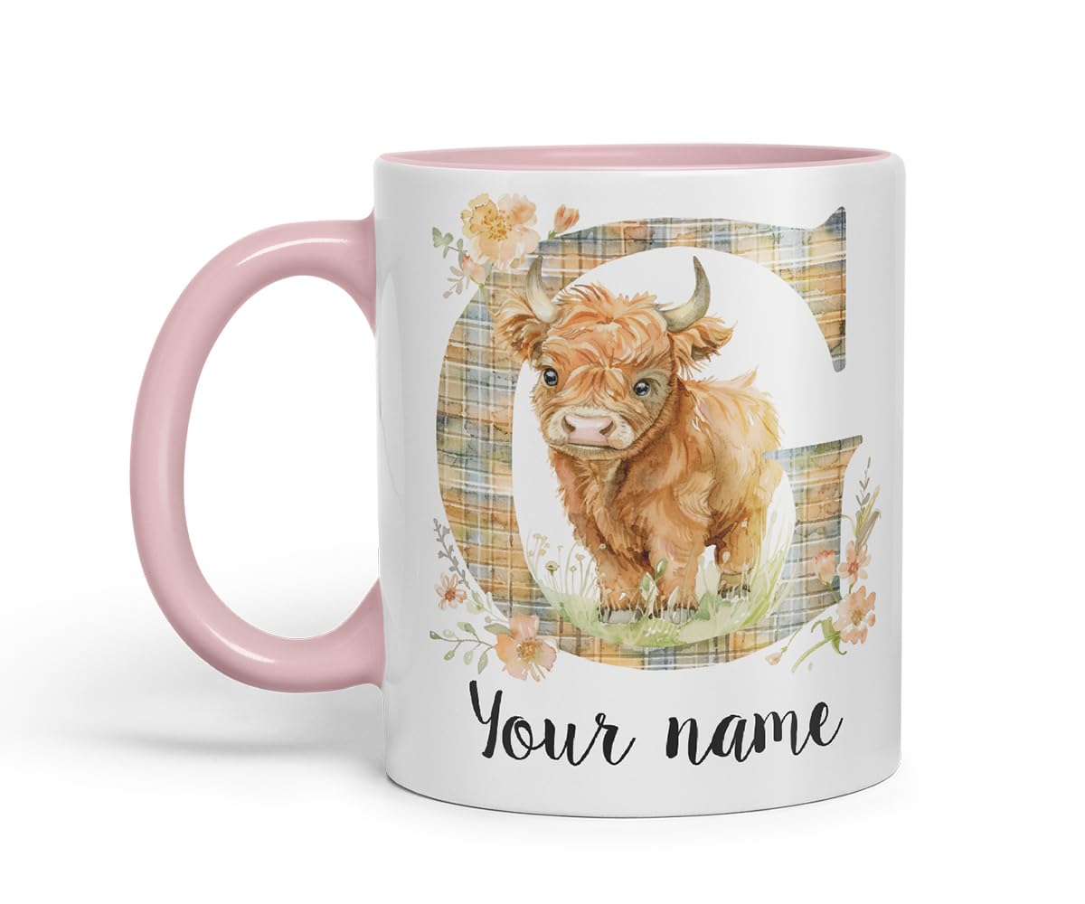 Vixar Personalised Highland Cow Initial Letter G Custom Name Mug – Coloured Ceramic Mug Cup Gift, 11oz (Black)