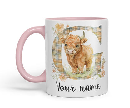 Vixar Personalised Highland Cow Initial Letter G Custom Name Mug – Coloured Ceramic Mug Cup Gift, 11oz (Black)