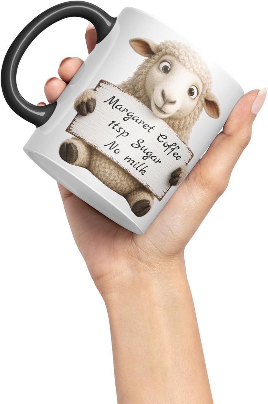 Vixar Personalised Sheep Mug with Name or Custom Message – Cute Animal Coloured Ceramic Mug Cup Gift, 11oz (Black)
