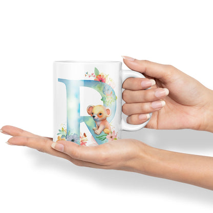 Letter R mug, Animals Alphabet Letter R Monogram animal for kids Ceramic Coloured Mug Cup for Tea Coffee Hot brew 330ml 11Oz Gift