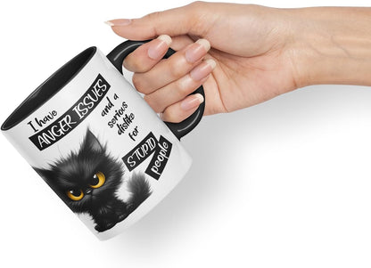 Vixar Funny Black Cat Anger Issues Sarcastic Mug – Coloured Ceramic Mug Cup Gift, 11oz (Black)