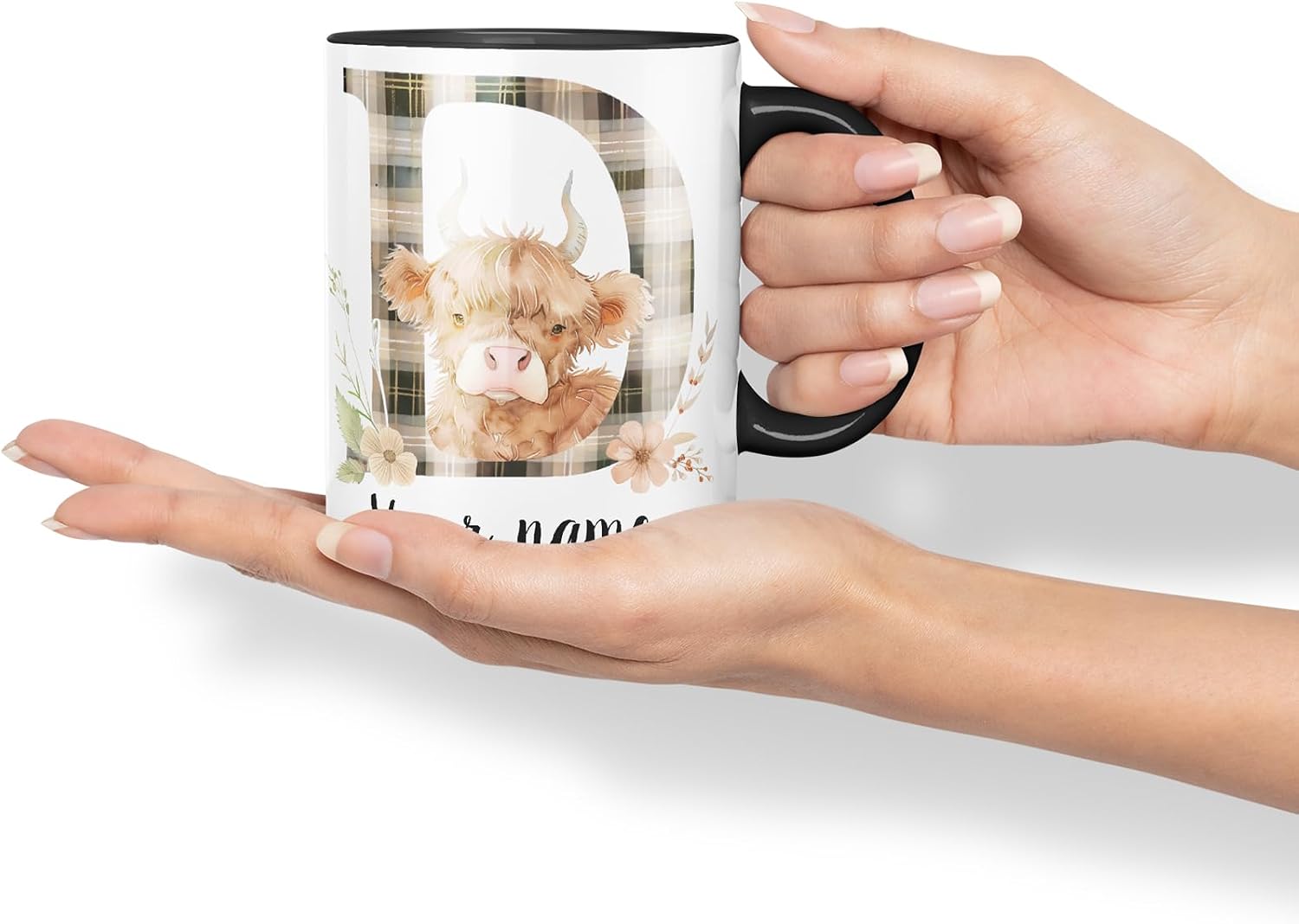 Vixar Personalised Highland Cow Initial Letter D Custom Name Mug – Coloured Ceramic Mug Cup Gift, 11oz (Black)