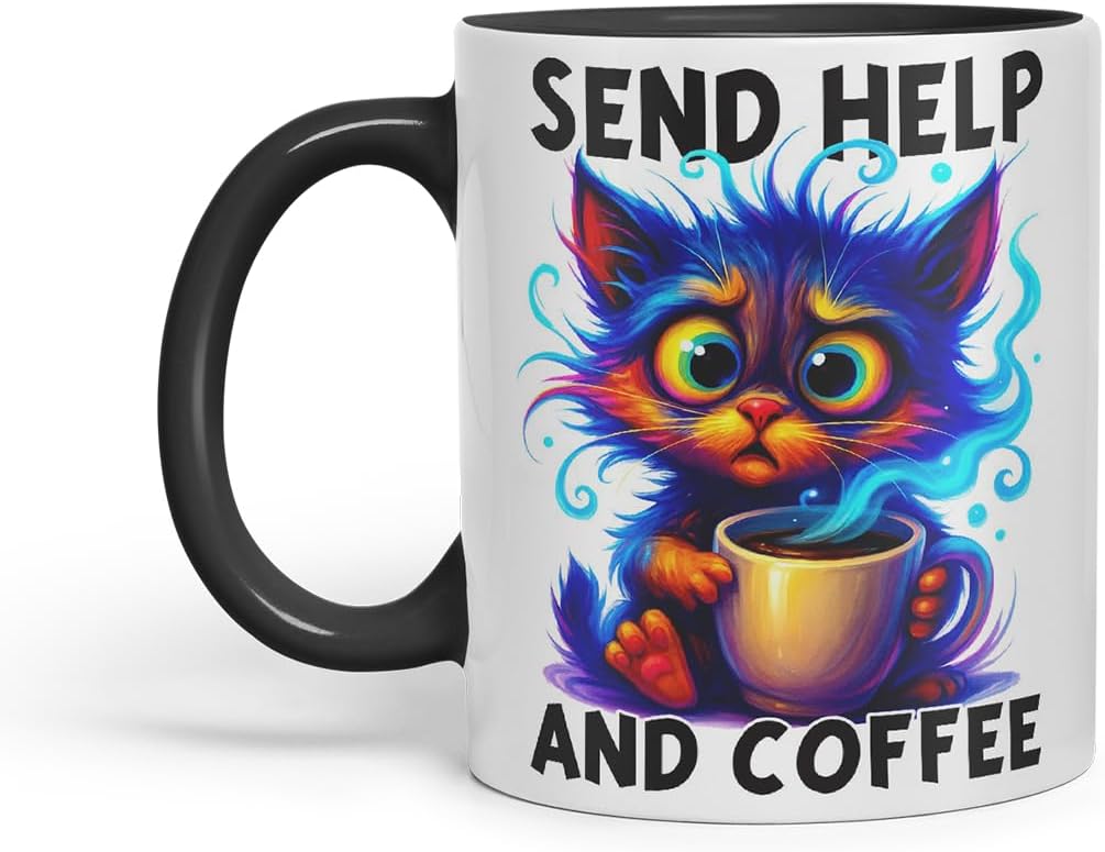 Vixar Send Help and Coffee Funny Cat Coffee Mug – Coloured Ceramic Mug Cup Gift, 11oz (Black)