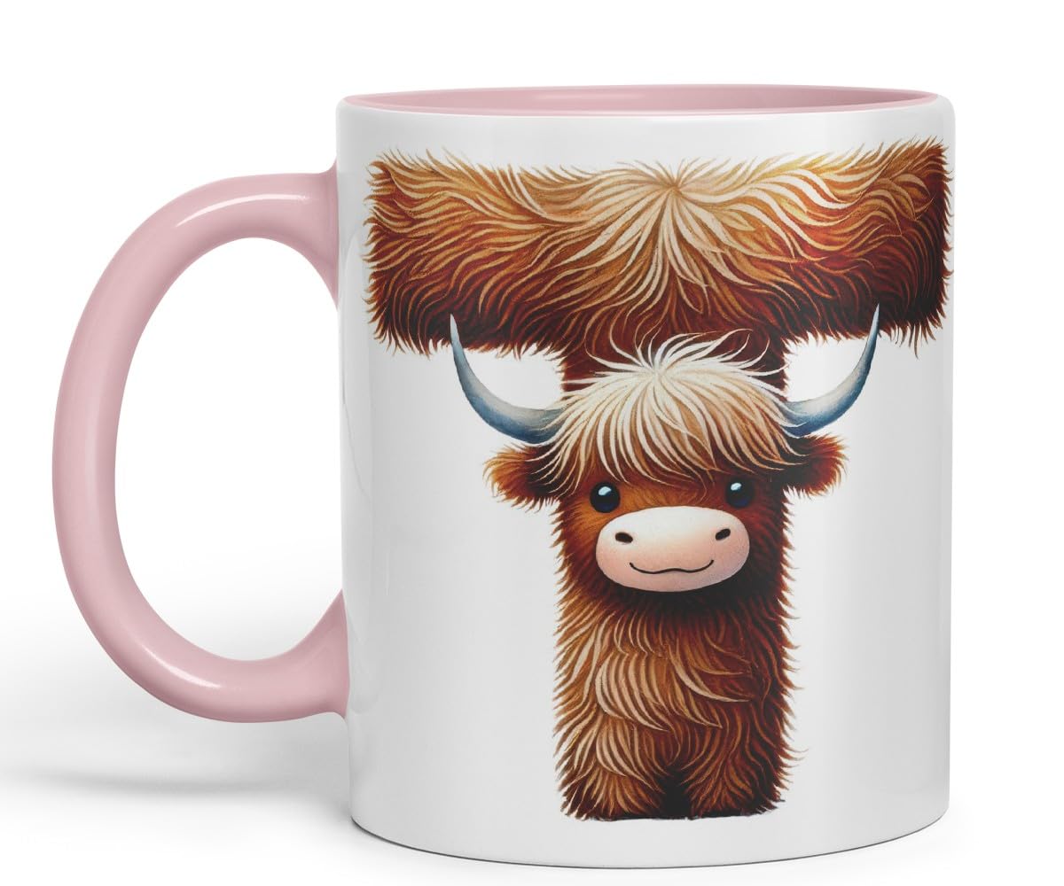 Highland Cow Alphabet Monogram Coloured Ceramic Cup Mug Letter T Rustic Farmhouse Animal Letter Gift V2 11oz (Black)