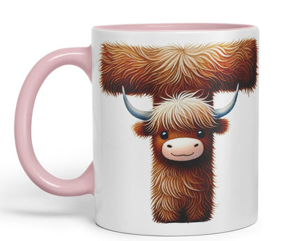 Highland Cow Alphabet Monogram Coloured Ceramic Cup Mug Letter T Rustic Farmhouse Animal Letter Gift V2 11oz (Black)