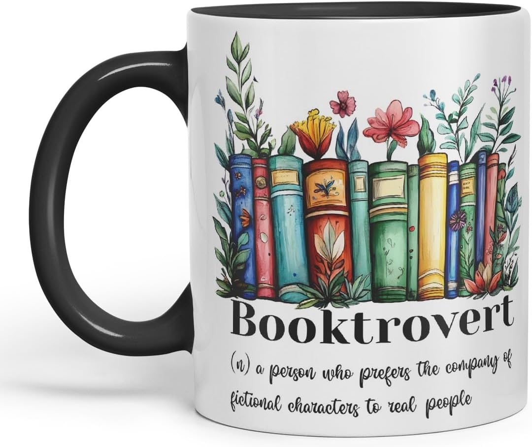 Vixar Booktrovert – a Person who Prefers The Company of Fictional Characters to Real People Coloured Ceramic Mug Cup Gift, 11oz (Black)