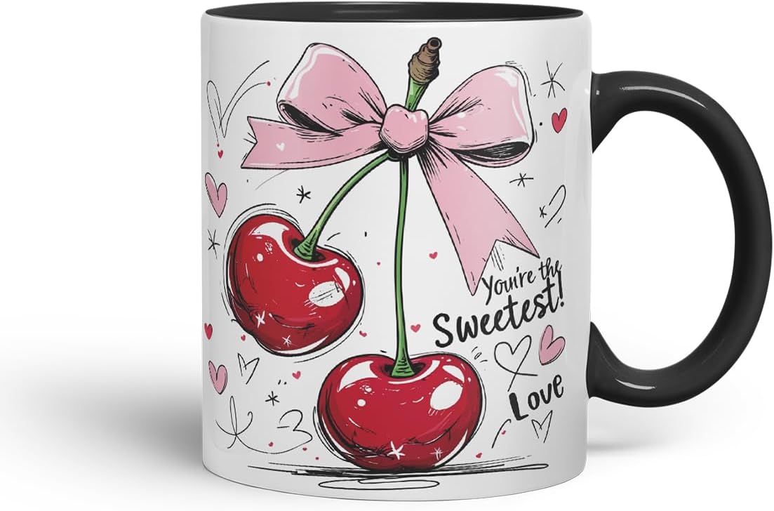 Sweetest Cherry Love Mug – Coloured Ceramic Mug Cup Gift, 11oz (Black)