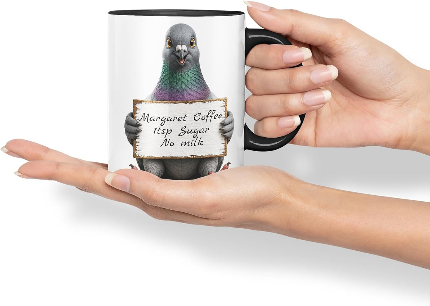 Vixar Personalised Pigeon Mug with Name or Custom Message – Cute Animal Coloured Ceramic Mug Cup Gift, 11oz (Black)